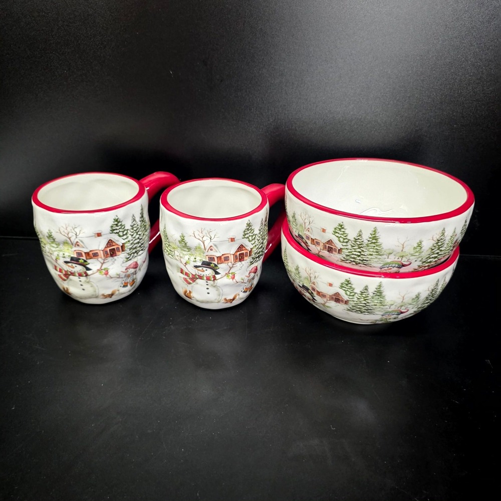 Mug Bowl Set White Red Snowman Winter Holiday Cabin Core Home Decore Christmas